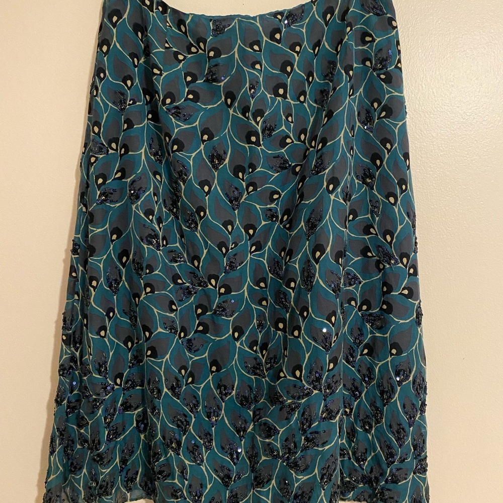 Lafayette 148 New York Teal and Black Leaf Pattern Skirt